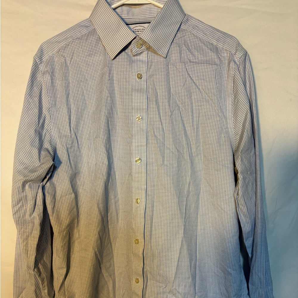 Charles Tyrwhitt Slim Fit Men’s 16.5/38 Blue Check Non‑Iron Dress Shirt – Flawed